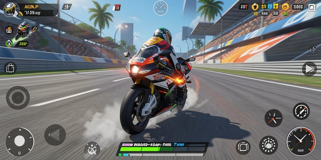 Screenshot menampilkan balapan seru di lintasan AKUNJP.