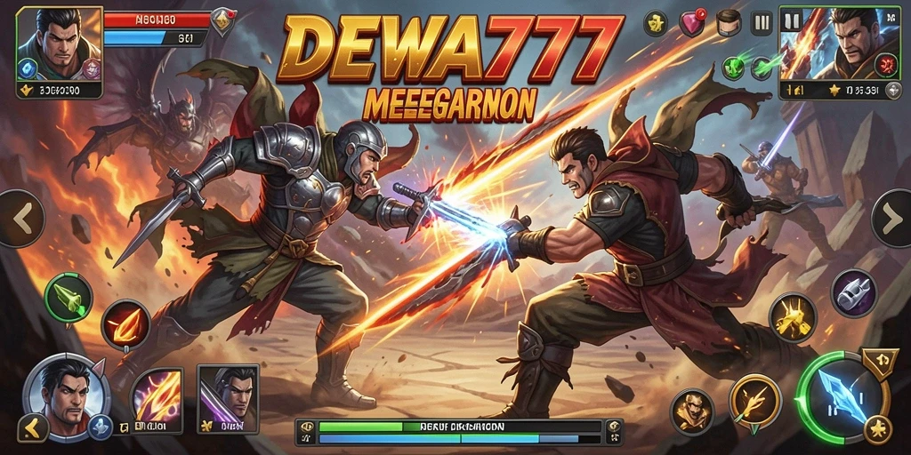 Screenshot menunjukkan pertarungan intens dalam DEWA777 dengan efek visual yang menarik.