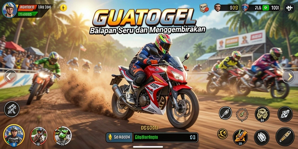 Screenshot gameplay GUATOGEL menunjukkan balapan motor yang mendebarkan.