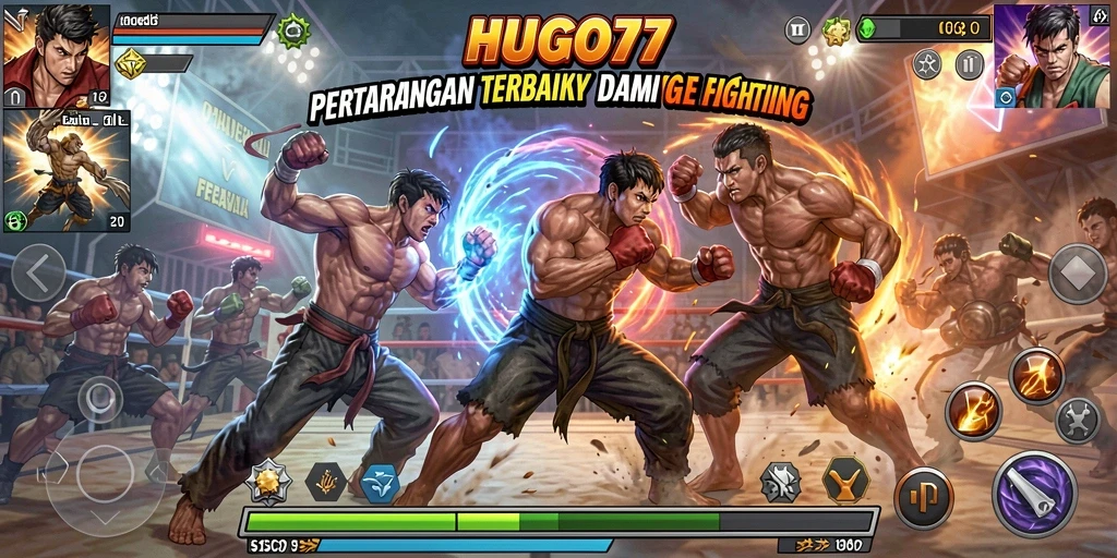 Tangkapan layar HUGO77 menampilkan pertempuran seru antara dua karakter.
