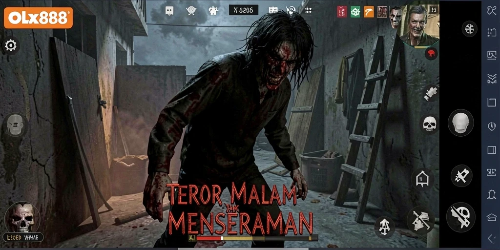 Screenshot dari gameplay OLX888 yang menunjukkan suasana horror yang menakutkan.